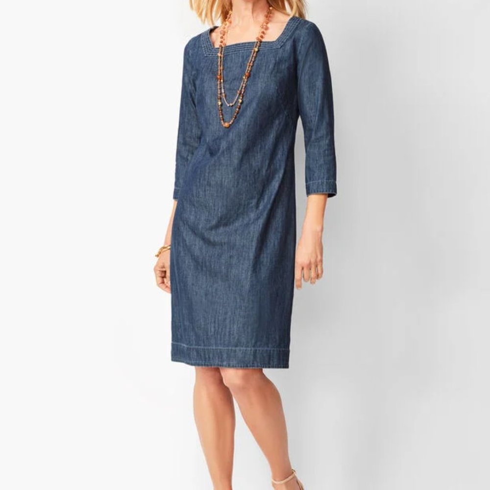 SQUARE-NECK DENIM SHIFT DRESS